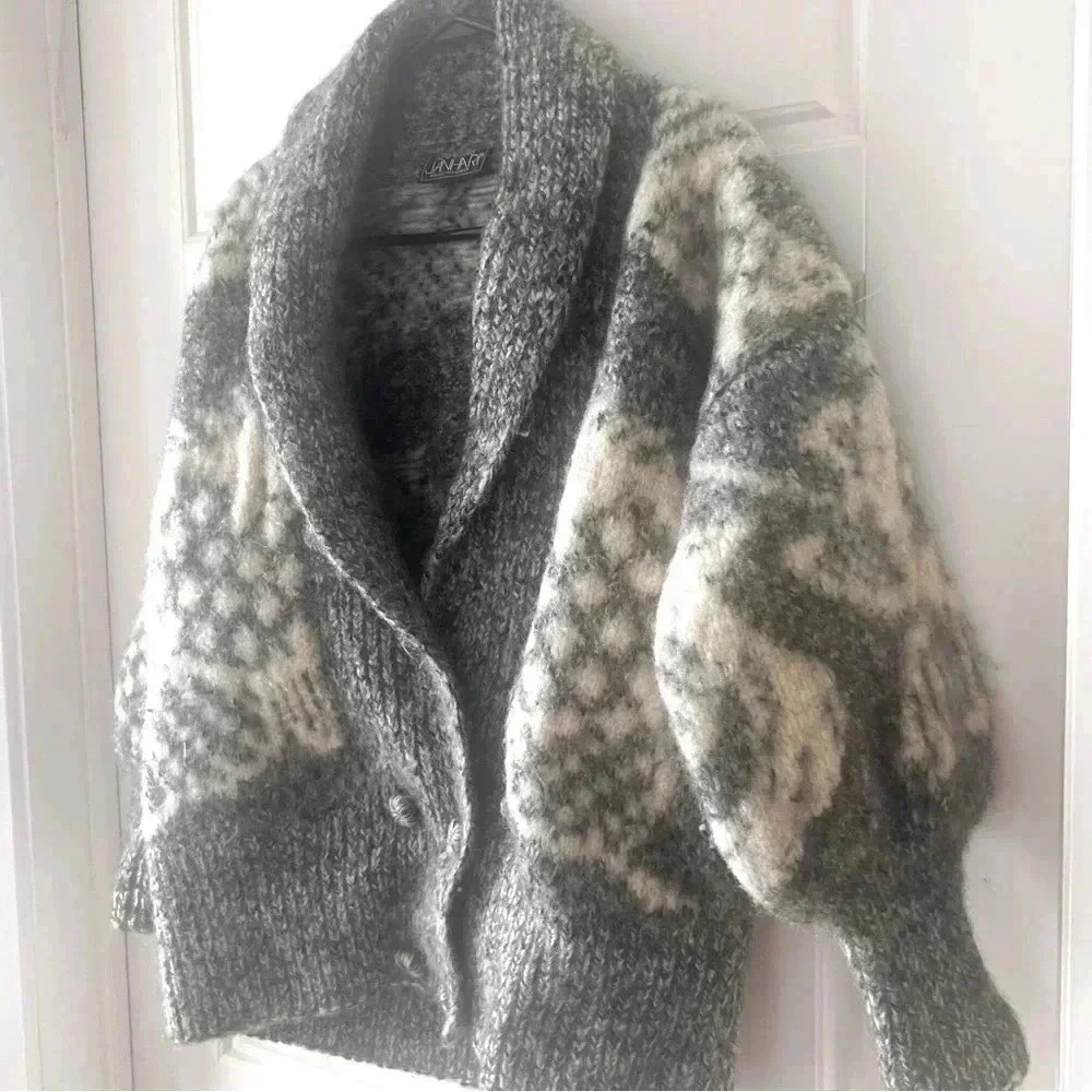 JAHARI 100% GREY WHITE WINTER  COLLAR WOOL HAND KNITTED SIZE S/M DOUBLE BREAST - Picture 4 of 15